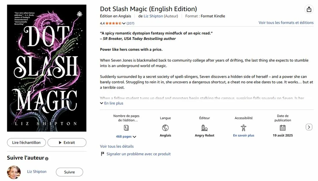 Fiche Amazon de Dot Slash Magic : 4,4 sur 5, 207 avis, édité par Angry Robot